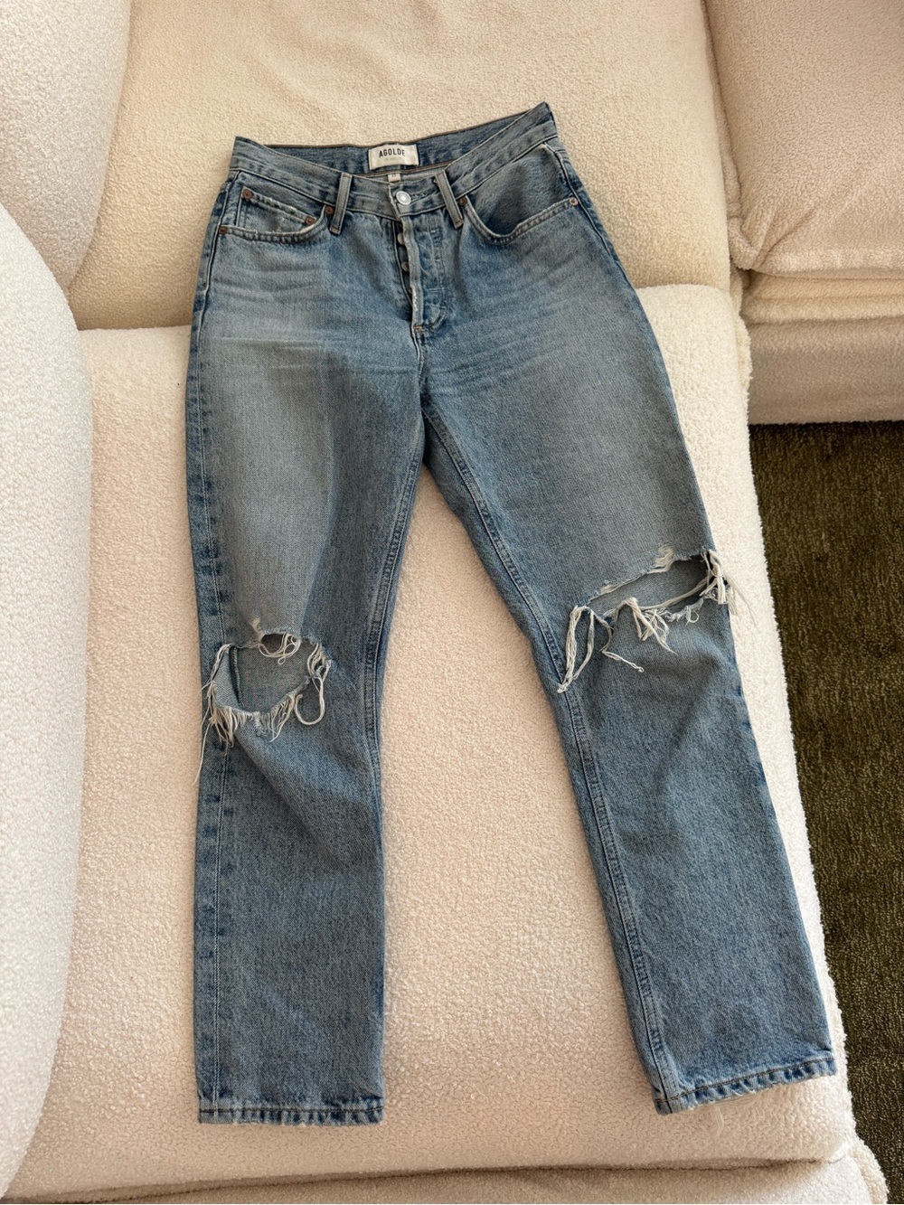 Agolde Straight-Leg Distressed Jeans in Mid Blue